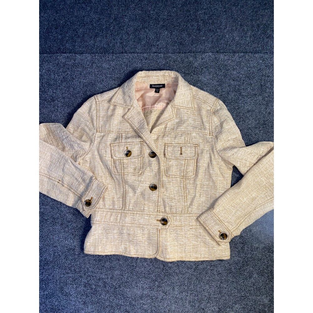 bebe Blazer Jacket Women Size 10 Tan Crop Double Vent Single Breasted Peak Lapel